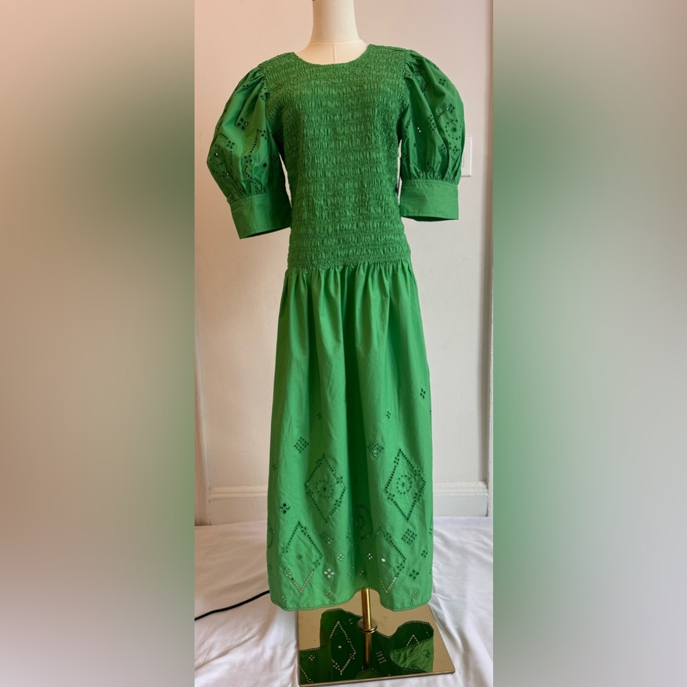 Ganni Green Pleated Puff Sleeve Sundress
